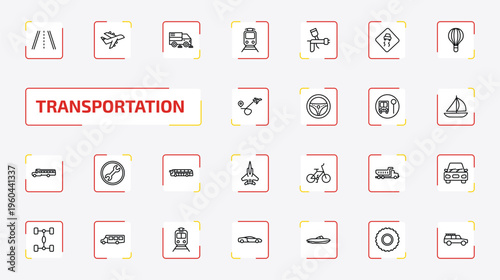 transportation outline icon set. 25 linear vector for ui, web and mobile. thin line road with broken lines, planes, road sweeper and more icons.