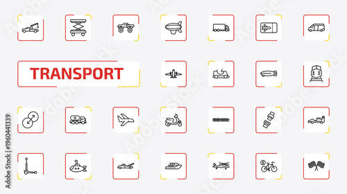 transport outline icon set. 25 linear vector for ui, web and mobile. thin line tow truck, lifter, monster truck and more icons.