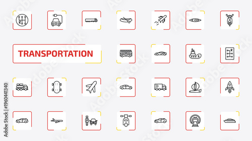 transportation outline icon set. 25 linear vector for ui, web and mobile. thin line gearshift, electric car, tanker and more icons.