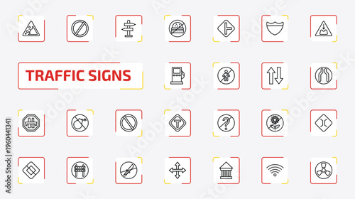 traffic signs outline icon set. 25 linear vector for ui, web and mobile. thin line falling rocks, forbidden, road and more icons.