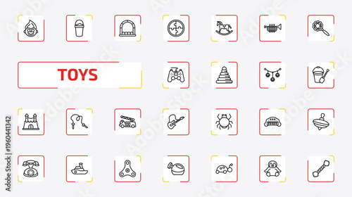 toys outline icon set. 25 linear vector for ui, web and mobile. thin line troll toy, bucket toy, bouncy castle toy and more icons.