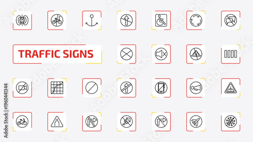 traffic signs outline icon set. 25 linear vector for ui, web and mobile. thin line magnetic field, no bicycle, port and more icons.