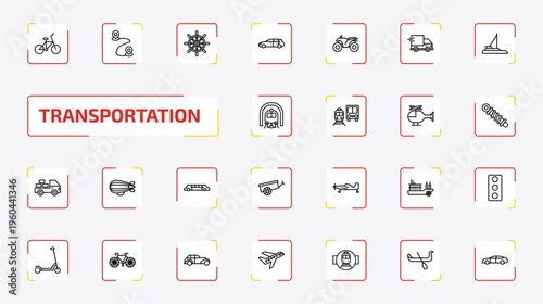 transportation outline icon set. 25 linear vector for ui, web and mobile. thin line bicycle side view, way, ship helm and more icons.