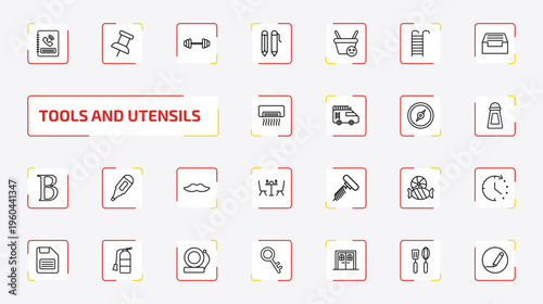 tools and utensils outline icon set. 25 linear vector for ui, web and mobile. thin line telephone agenda, school push pin, exercise with dumbbells and more icons.