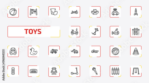toys outline icon set. 25 linear vector for ui, web and mobile. thin line ball toy, abacus toy, dough toy and more icons.