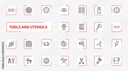 tools and utensils outline icon set. 25 linear vector for ui, web and mobile. thin line clocks, target circles, highlight and more icons.