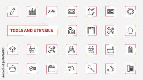 tools and utensils outline icon set. 25 linear vector for ui, web and mobile. thin line pencil tool, sound wave bars, squad and more icons.