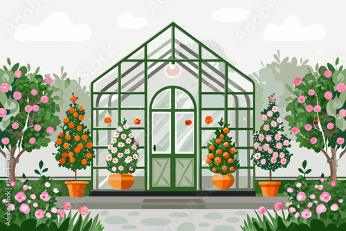 A charming greenhouse with blossoming trees and vibrant flowerbeds in a garden