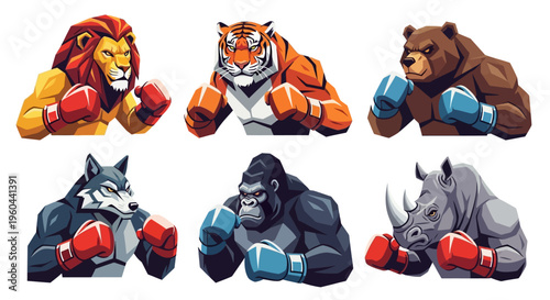 Diverse Animals Wearing Boxing Gloves Ready for Competition Sport Fierce Wildlife Characters Combat Arena Preparation Powerful Creatures