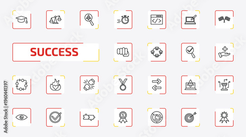 success outline icon set. 25 linear vector for ui, web and mobile. thin line mortarboard, balance, startup project search and more icons.