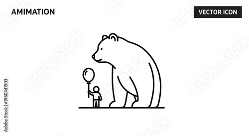 Conceptual line art symbolizing scale and wonder with a large bear facing a small figure and balloon