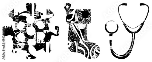 Stylized stethoscope, anatomical figure, and medical sock with fragmented halftone textures, vector art for healthcare branding, medical illustration, graphic design.