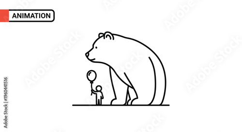 Small figure with balloon stands beside a large bear, showcasing scale and companionship in simple