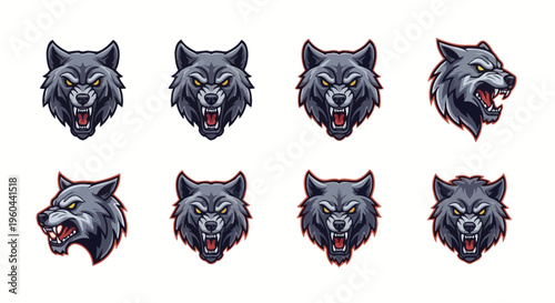 Collection of Fierce Wolf Head Icons and Emotes for Digital Design Projects Showing Various Expressions and Angles with Detailed Features