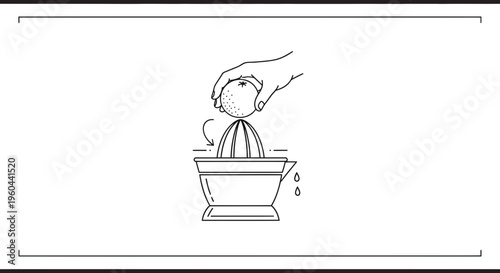 Minimalist line art showing fresh citrus juice extraction using a manual kitchen device