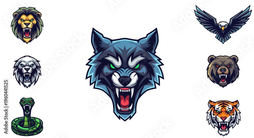 Fierce Animal Heads Collection Featuring Wildlife Characters Like Wolf Lion Eagle Bear Tiger and Cobra for Sport Teams and Gaming Brands Bold Emblem