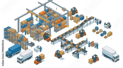 Isometric flat vector illustration of a busy logistics warehouse, showing goods transport, storage, and distribution.