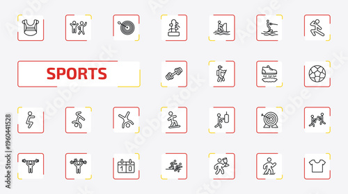 sports outline icon set. 25 linear vector for ui, web and mobile. thin line chest guard, excercise, dartboard with dart and more icons.