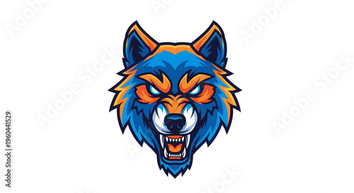 Fierce Wolf Head Emblem With Blue Orange Eyes And Fangs On White Background For Mascot Or Team Sport Design