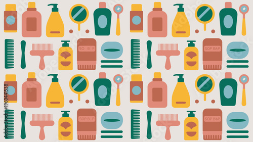A colorful illustration of various hair care products arranged in a repeating pattern on a light background.