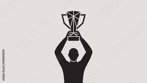 A silhouette of a triumphant person holding a trophy above their head in victory