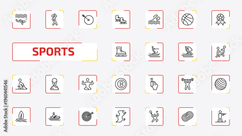 sports outline icon set. 25 linear vector for ui, web and mobile. thin line scuba diving, aerobics, ball arrow and more icons.