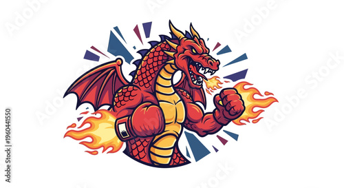 Fierce Red Dragon Character Wearing Boxing Gloves Ready to Fight with Flames Emanating from Fists