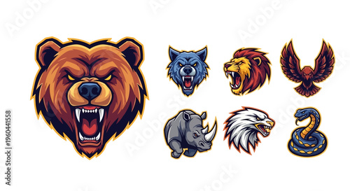 Collection of Fierce Animal Heads Featuring Bear Wolf Lion Eagle Rhinoceros Hawk Snake For Sport Branding Or Gaming Emblems Design