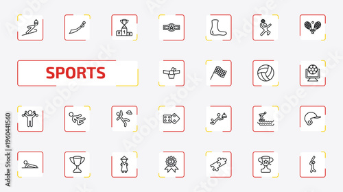 sports outline icon set. 25 linear vector for ui, web and mobile. thin line jumping ski, saber, podium with cup and more icons.