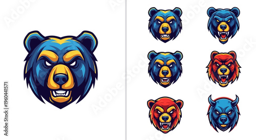 Collection of Fierce Bear Head Emblems For Mascot Design Sports Teams Gaming Clubs Featuring Aggressive Expressions