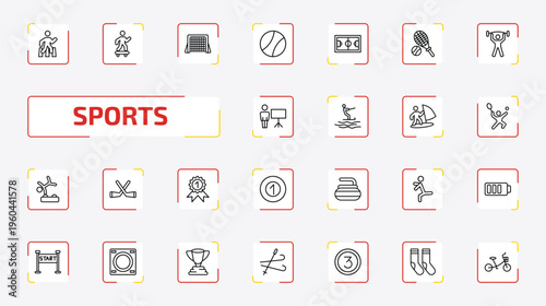 sports outline icon set. 25 linear vector for ui, web and mobile. thin line pedestrian walking, skating, hockey goal and more icons.