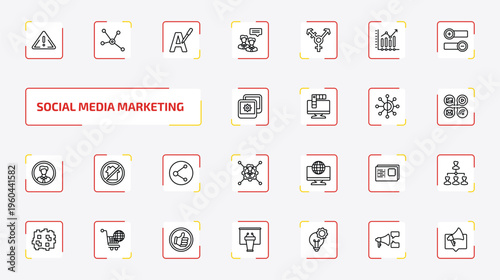 social media marketing outline icon set. 25 linear vector for ui, web and mobile. thin line importance, social normal, letter color and more icons.