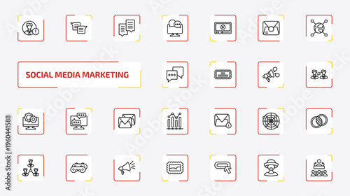 social media marketing outline icon set. 25 linear vector for ui, web and mobile. thin line user warning, square bubble, chat box and more icons.
