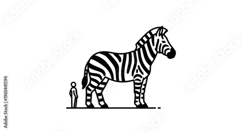 Striking black and white minimalist illustration showcasing a powerful zebra standing next to a