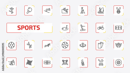 sports outline icon set. 25 linear vector for ui, web and mobile. thin line jumping dancer, table tennis, skiing down hill and more icons.