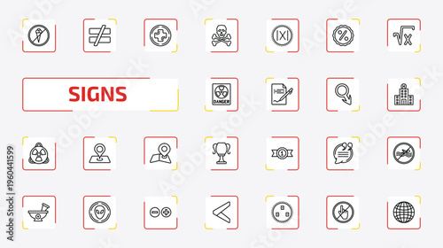signs outline icon set. 25 linear vector for ui, web and mobile. thin line no ice cream, is not equal to, add and more icons.