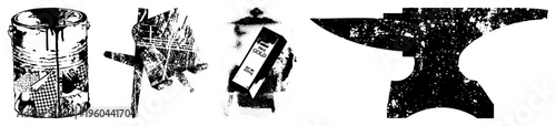Grungy black and white vector of paint can, wrench, gold bar, anvil, industrial tools, metallic textures, distressed aesthetic, graphic design elements.