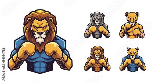 Mascot Boxer Lion Character Set Athletic Fierce Wild Animal Strength Power Fighting Sport Concept Graphic Design Elements