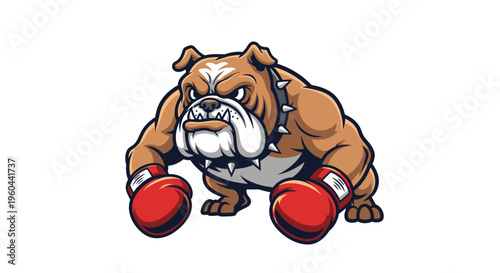 Fierce Bulldog Boxer With Red Gloves Ready for Competition and Athletic Sport Action Isolated on White Background