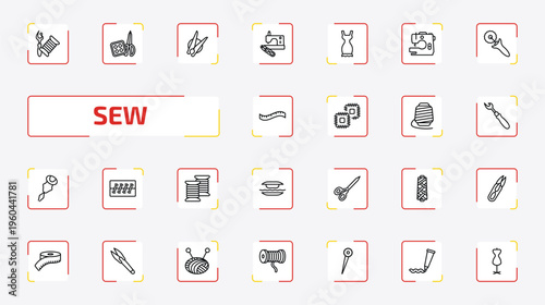 sew outline icon set. 25 linear vector for ui, web and mobile. thin line sewing equipment, sewing craft, clothespin and more icons.