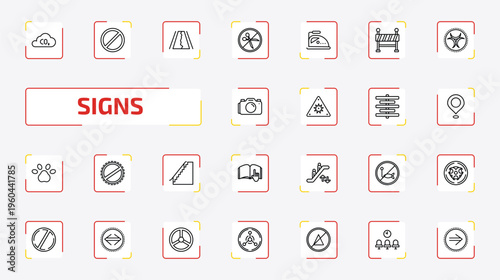 signs outline icon set. 25 linear vector for ui, web and mobile. thin line co2, forbidden, road collapse and more icons.
