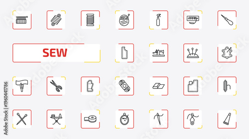 sew outline icon set. 25 linear vector for ui, web and mobile. thin line handloom, wire coil, thread and more icons.