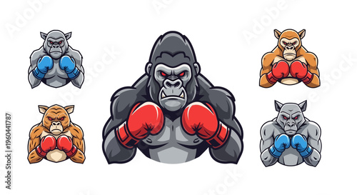 Collection of Muscular Primate Athletes Wearing Boxing Gloves Ready for Competition on White Background