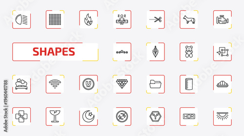 shapes outline icon set. 25 linear vector for ui, web and mobile. thin line low beam, dot square, fire over line and more icons.