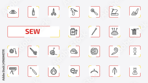sew outline icon set. 25 linear vector for ui, web and mobile. thin line pleat, glue, sewing scissors and more icons.
