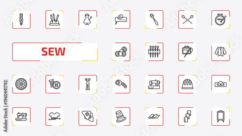 sew outline icon set. 25 linear vector for ui, web and mobile. thin line slide fastener, pin holder, sewing and more icons.
