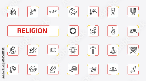 religion outline icon set. 25 linear vector for ui, web and mobile. thin line islamic mosque, assr, shofar and more icons.
