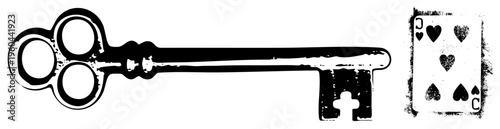 Ornate antique key beside Jack of playing card, vintage illustration, retro design, black and white vector art, symbolic objects, game and lock.