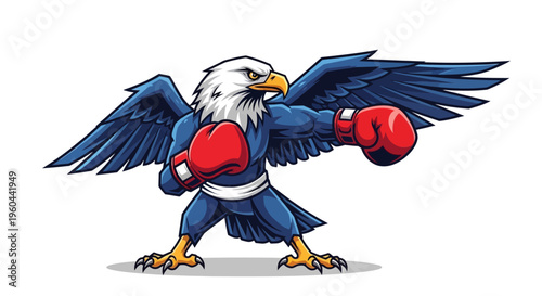 Cartoon Bald Eagle Boxer Character with Red Gloves and Blue Uniform Ready to Fight Isolated on White Background