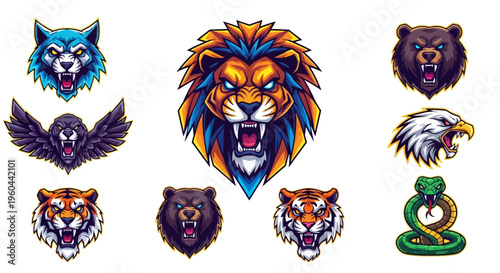 Collection of Fierce Animal Head Emblems Featuring Lion Wolf Bear Eagle Tiger and Snake for Design Projects